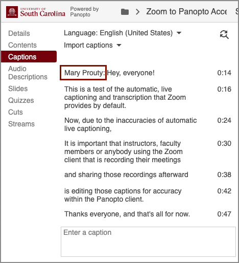 Screenshot of the captions with the speaker Mary Prouty highlighted.