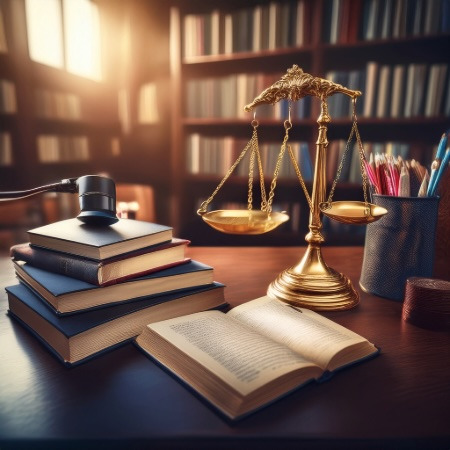 stack of books with a scale and gavel