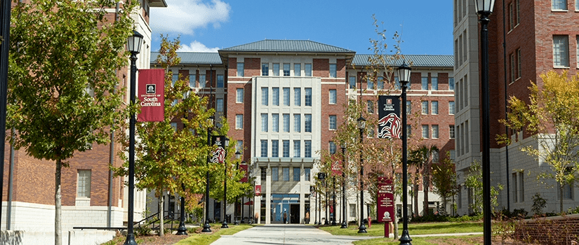 Campus Village building 4 from the left corner with trees in the fore ground