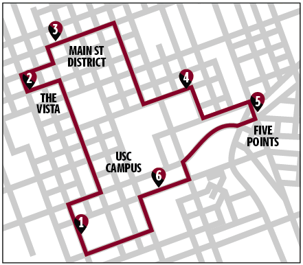 Map showing Night Service Transit stop locations against a simplified street map of Downtown Columbia