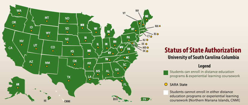 Map of the United States with yellow dots indicating a SARA state