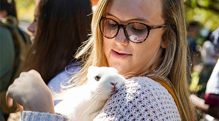 Student holding a bunny in their arms. 