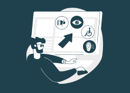 Illustration of a person at a computer with accessibility icons for audio, vision, mobility, and hearing on the screen.