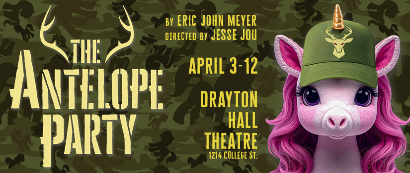 On the left is the title of the show with dates and location and on the right is a pink My Little Pony inspired toy wearing a green hat emblazoned with an Antelope Party logo and a unicorn horn.