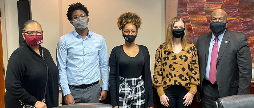 Left to right: Marie Thomas, scholarship recipients Trenton King, Kayla Jeffers and Caroline Tolly, and Larry Thomas.