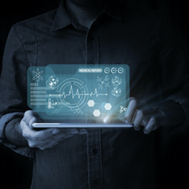 person holding a holographic dashboard