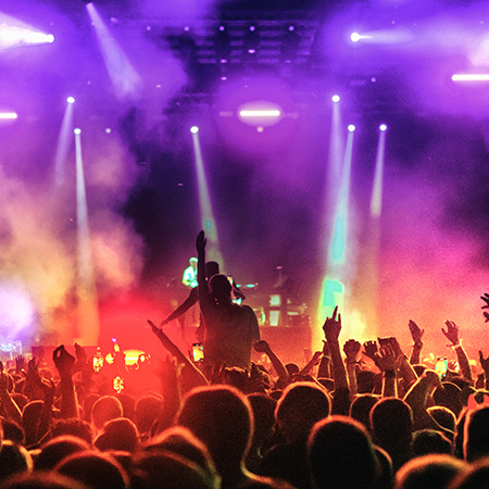 A crowd of people watch a concert.