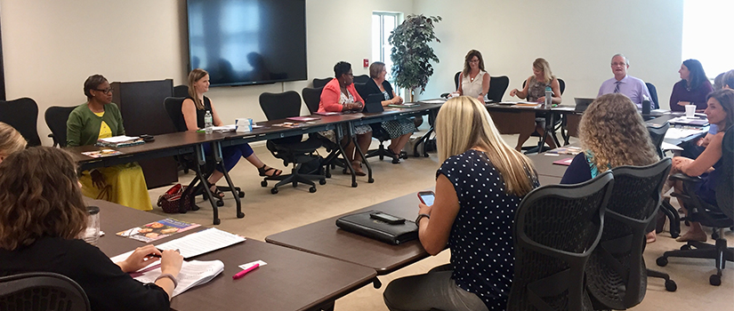 This is a photograph of a committee meeting with 14 people sitting around a table.