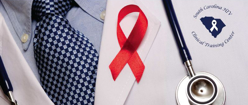 close up of doctor in white coat with stethoscope and HIV / AIDS ribbon on lapel