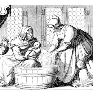 Black and white illustration of a midwife bathing a newborn after birth in medieval times